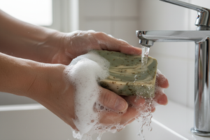 person washing there hands under running water using an artisan soap and the soap is bubbling on the hands